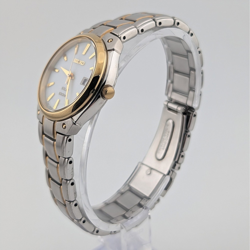 Seiko Solar V137-0AX0 Two Tone Women's Watch Date Hardlex Sunburst Dial 6.5" - Picture 5 of 9